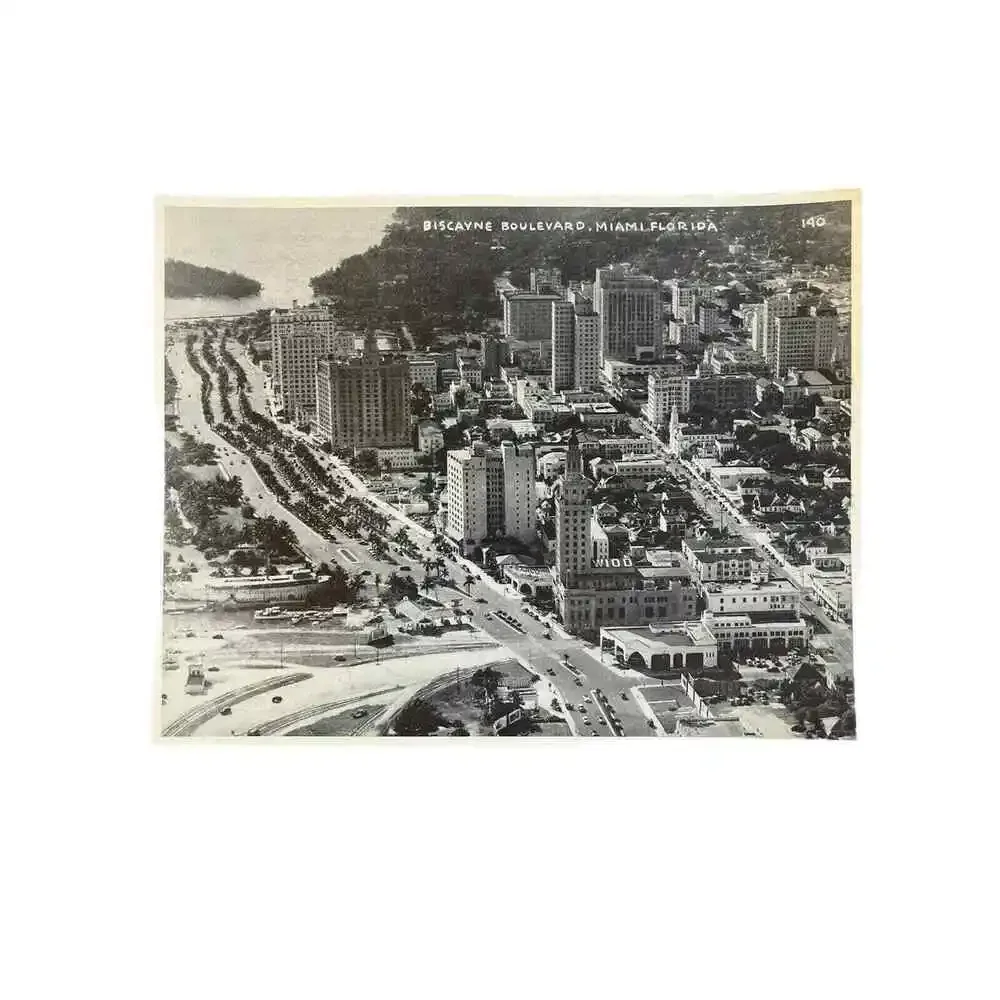 Vtg RARE Kromekote B/W King-Size 9x7 Postcard #140 Biscayne Boulevard Miami FL